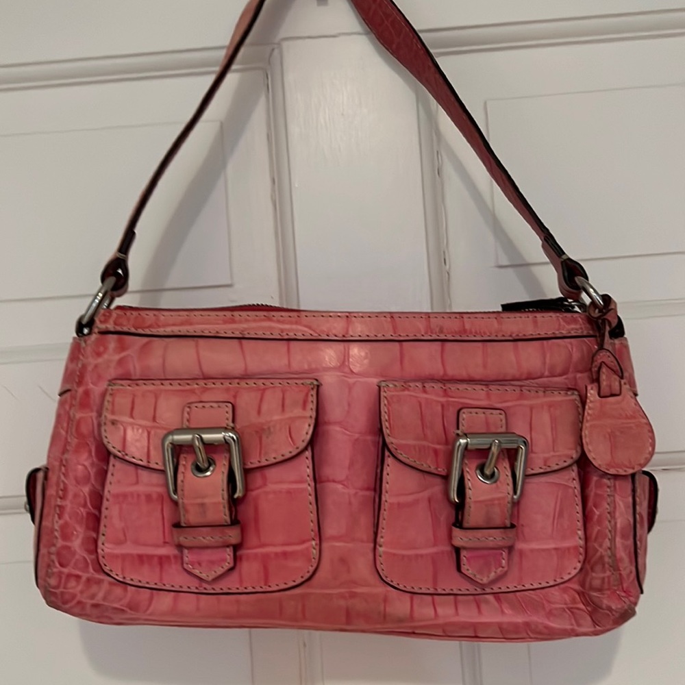 Dooney and Bourke vintage, pink leather bag with chrome trim